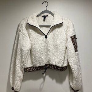 Forever 21 Cream Teddy Jacket with Leopard Trim